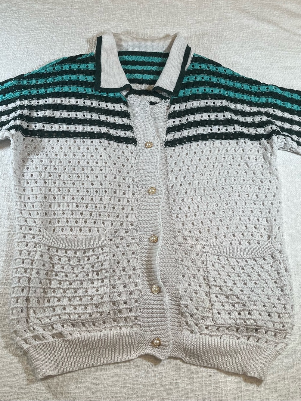 Coastal Crochet Striped Button Up Knit white teal green Shirt Womens XL